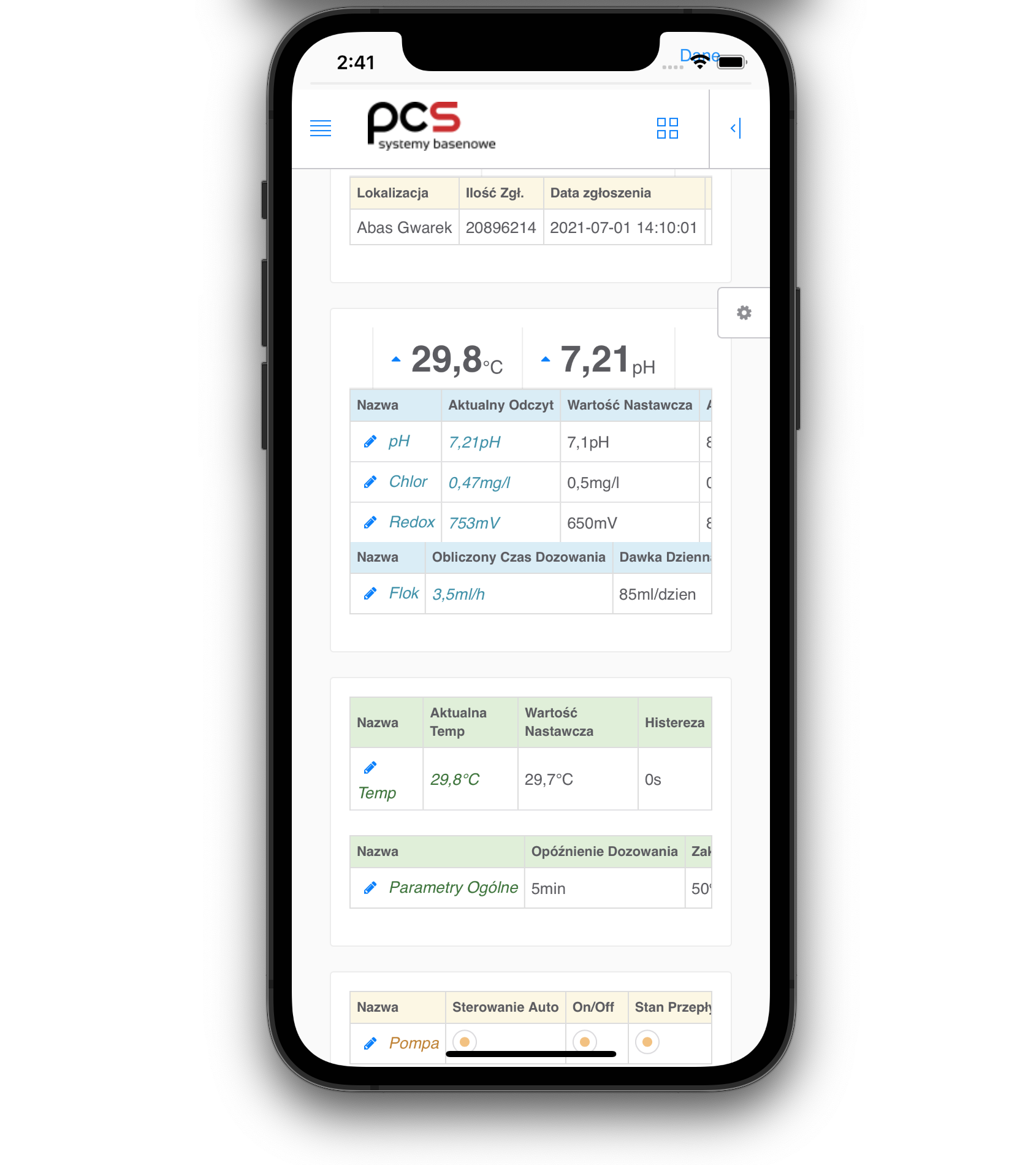 Aplikacja mobilna PCS - interfejs monitorowania i sterowania basenem